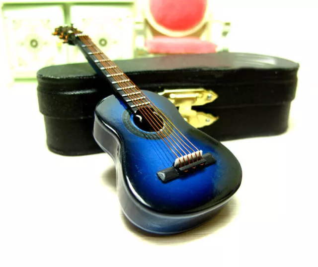 1:12 Scale Mini Acoustic Guitar Miniature Musical Instrument Dollhouse Case Blue