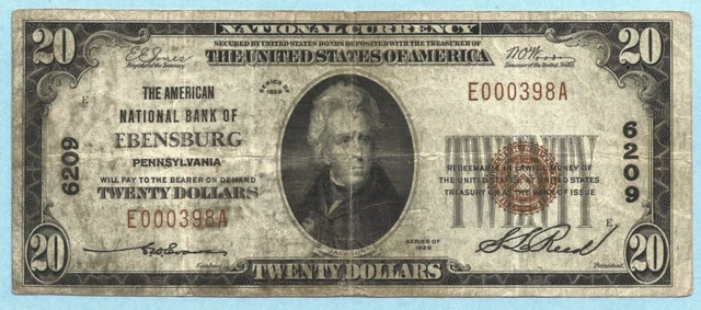 $20 National Currency 1929 T1 - Ch#6209 - American NB, Ebensburg, PA - VF+