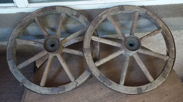 2 Primitive Antique Wooden Metal Wrapped 14" Spoke Cart? Wheels Handmade