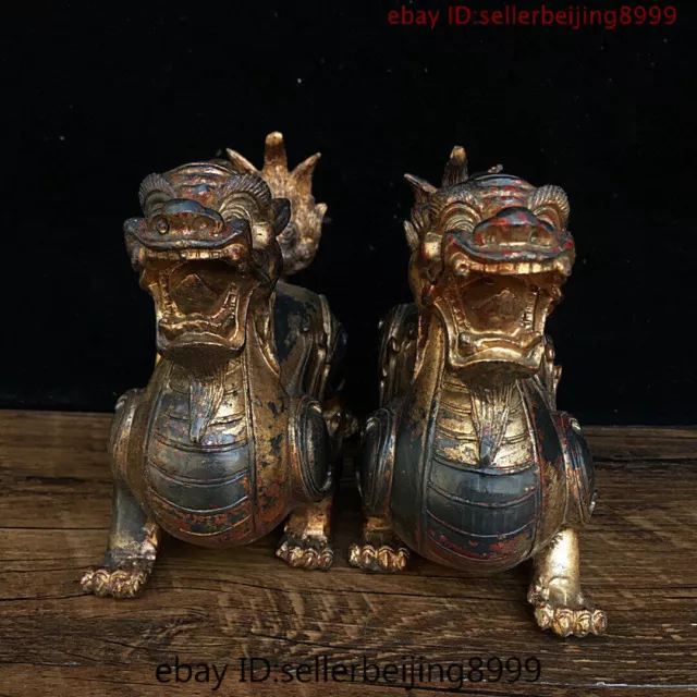 China FengShui Bronze Gilt PiXiu Brave troops Unicorn Beast Animal Statue Pair