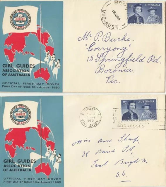 Stamp Australian 1960 Girl Guides 5d blue on pair official cachet FDCs Victoria