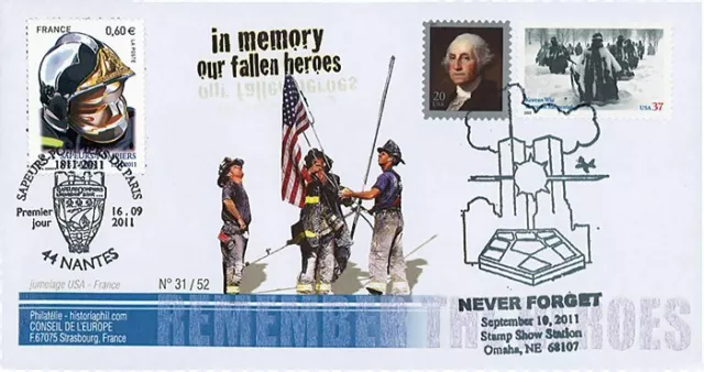 WT11-9 FDC Pompiers USA-FRANCE 2011 "Attentats 11 Septembre, Omaha NE - Nantes"