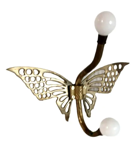 Vintage Davar Originals Brass Butterfly Hook Coat Hanger 8" Porcelain Knobs