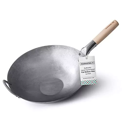 Wok de acero al carbono inferior plano martillado a mano Mammafong 14 pulgadas - plateado