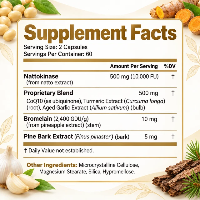 NATTOKINASE 10000 FU 120 Capsules Coq10 Bromelain Turmeric Circulatory ...