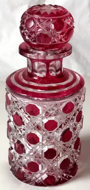 Antique Baccarat Crystal Red Cut To Clear Cane & Hobnail Pattern Perfume Bottle