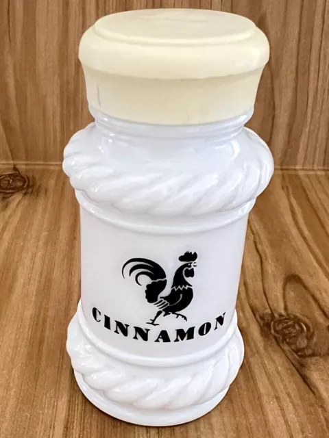 Vintage Milk Glass Spice Jar Black Rooster & Twisted Rope HAZEL ATLAS Cinnamon ￼