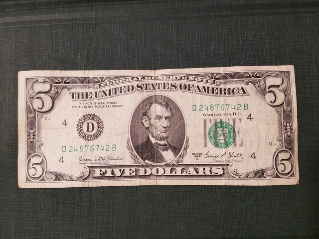 1969 C Series Five Dollar Federal Reserve Note, Hard to Find Bill, US Banknote