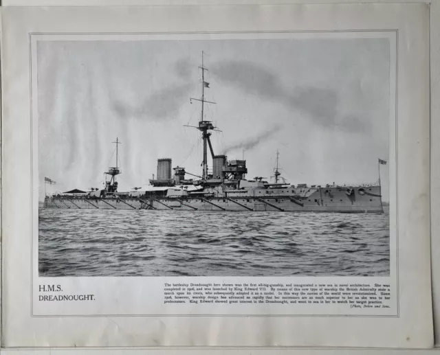 1915 Ww1 Print & Text Battleship H.m.s Dreadnought Gunship