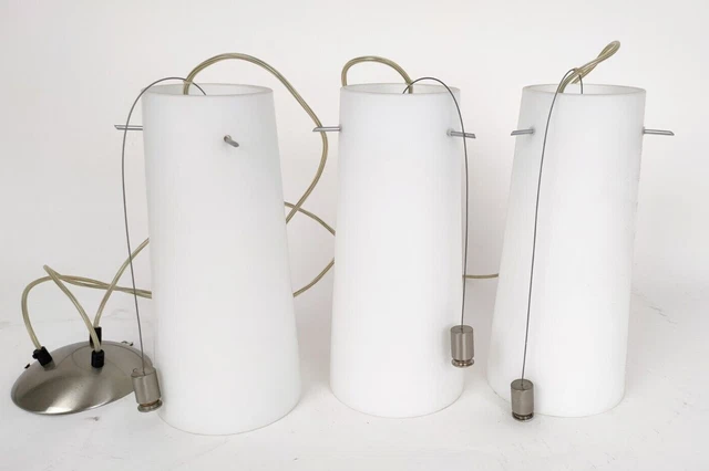 Lampadario 3 pendenti Tronco Cono Metallo Cromo Vetro Bianco Soffiato-XXX