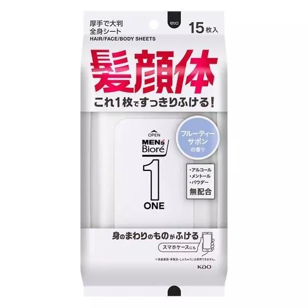 Men's Biore ONE Sheet Clean Hair Face Body Wiping Sheet Kao 15 Sheet From Japan