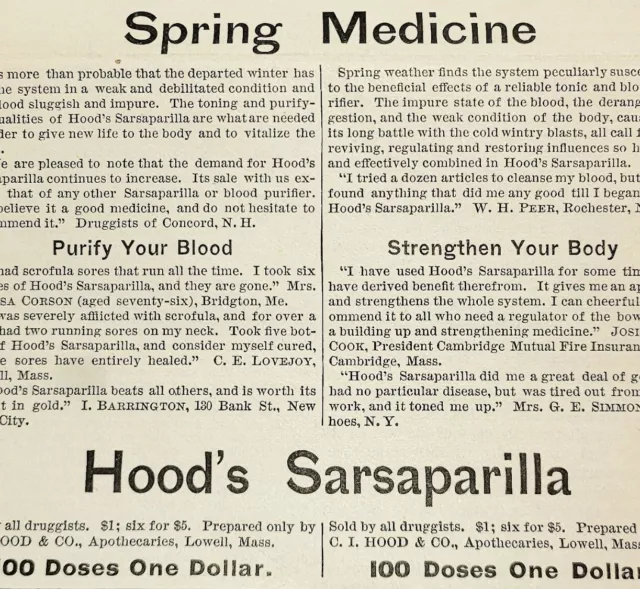 Antique 1884 Hood's Sarsaparilla Quack Medicine Advertisement Ephemera 5 x 3.5