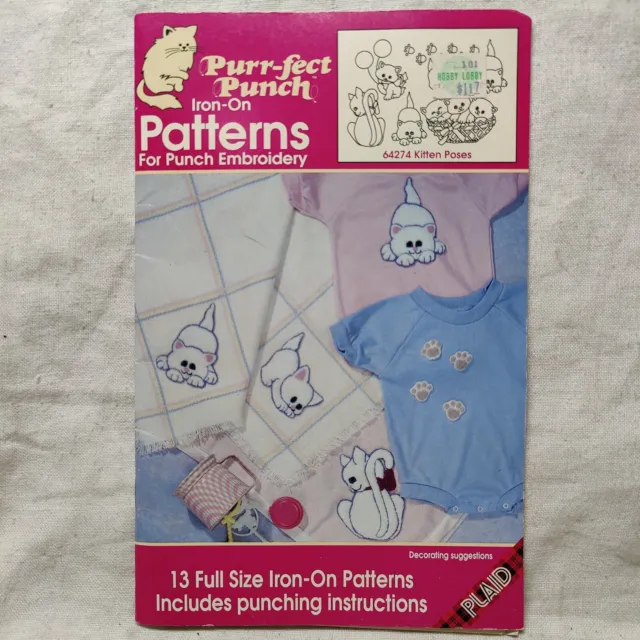 1991 Plaid Purr-fect punch Kitten Iron-On Pattern Transfers for Punch Embroidery