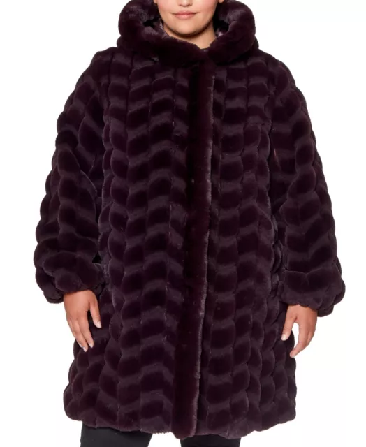 Jones New York Women's 1X Plus Size Hooded Chevron Faux-Fur Coat, Brown, $480