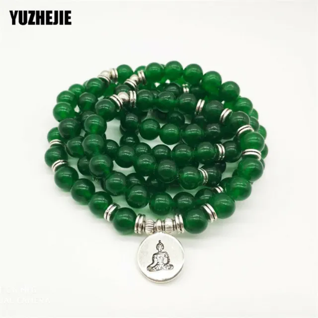 8mm Dark green jade 108 Mala bracelet Yoga lotus Buddha pendant Bead Energy