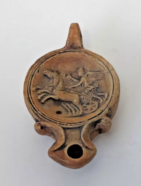 Roman Celtic Oil Lamp Terracotta Two Horse Chariot Winged Rider