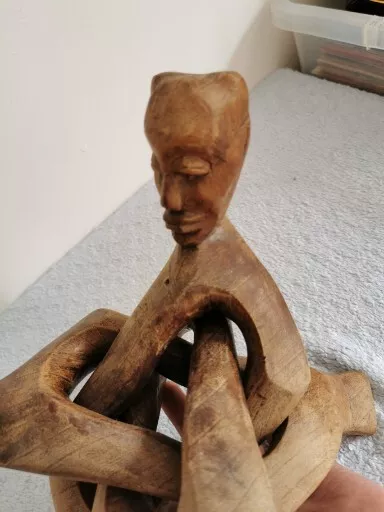 Vintage Sculpture Treen Ghana Hand Carved Linking Trio Of Men Wooden Tripod Bowl 3