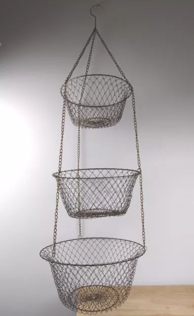 Vintage Hanging Rustic Wire Metal Mesh 3-Tier Fruit Vegetable Basket Collapsible