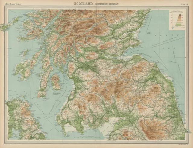 Southern Scotland. Relief & railways. THE TIMES 1922 old vintage map chart
