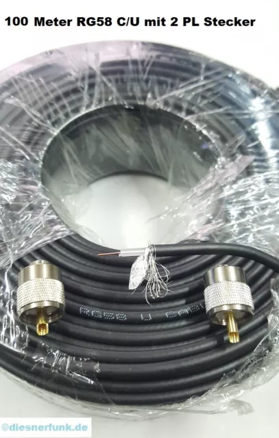 100m FUNK-ANTENNENKABEL RG58 U für CB-und AMATEURFUNK 50 Ohm + 2 PL259 Stecker