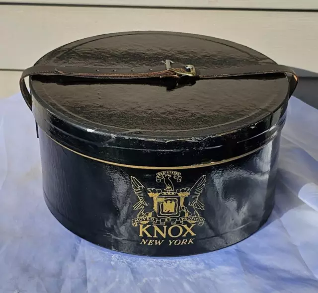 Antique Knox New York Men's Hatbox Oval Black Leather Belt Buckle Closure Vtg