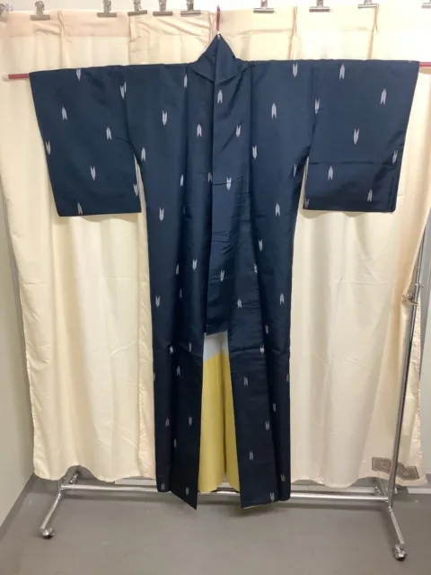 Japanese Vintage Kimono silk Tsumugi expensive navy blue length 65.35 inch