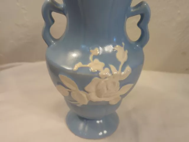 Weller Pottery Vase Cameo. Blue w/white rose. 7.25" Tall