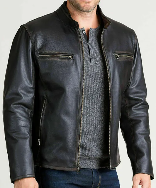 Mens Biker Motorcycle Cafe Racer Distressed Black Real Leather Jacket