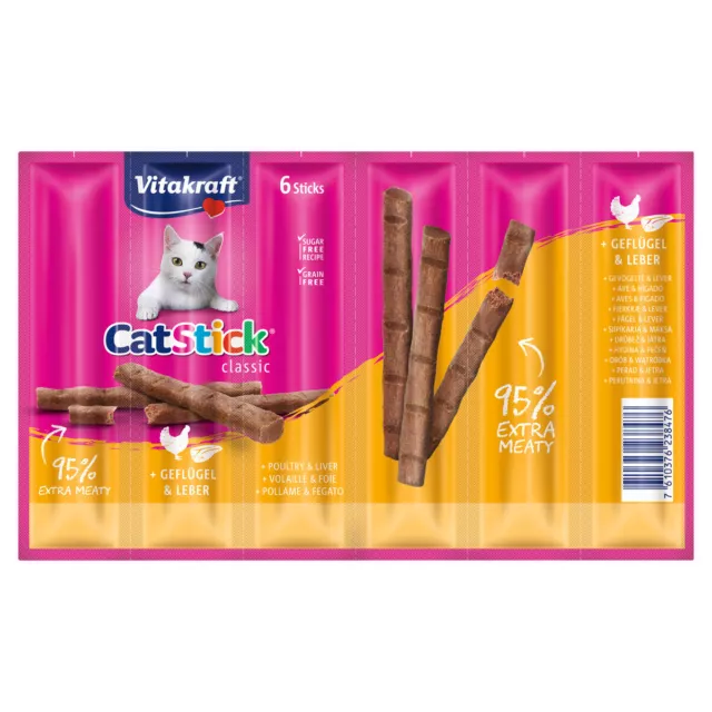 Vitakraft Cat Pegar Mini + Aves de Corral & Hígado 36G, Snacks para Gatos, Nuevo