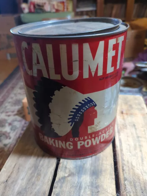 VINTAGE LARGE CALUMET BAKING POWDER 10 LB TIN CAN with LID. NATIVE AMERICAN