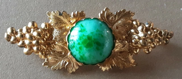 Broche Vintage Feuille De Vigne Et Raisin En Cristal - Plaqué Or, Ancienne