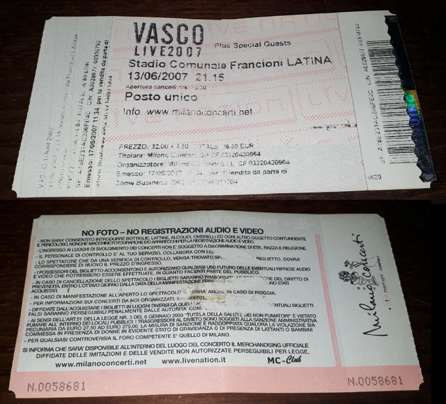 Vasco Rossi, biglietto concerto Live 13/06/2007 Stadio Comunale Francioni Latina