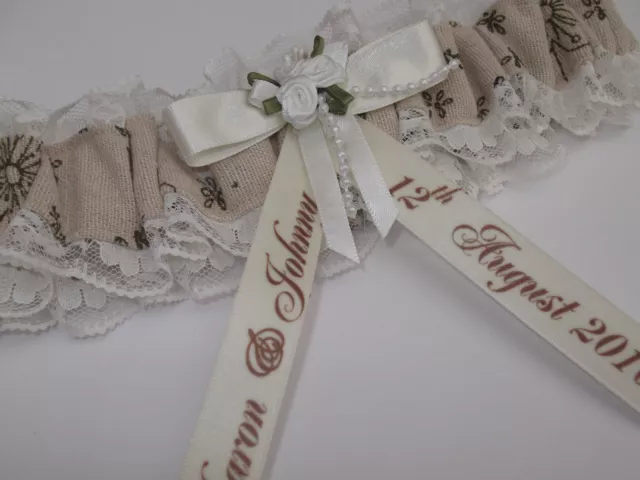 VINTAGE WEDDING GARTER Personalised Natural Cotton Burlap & Ivory lace BOXED