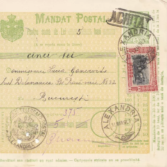 Rumänien: 15.03.1907: Mandat Postal Alexandria nach Bucaresti