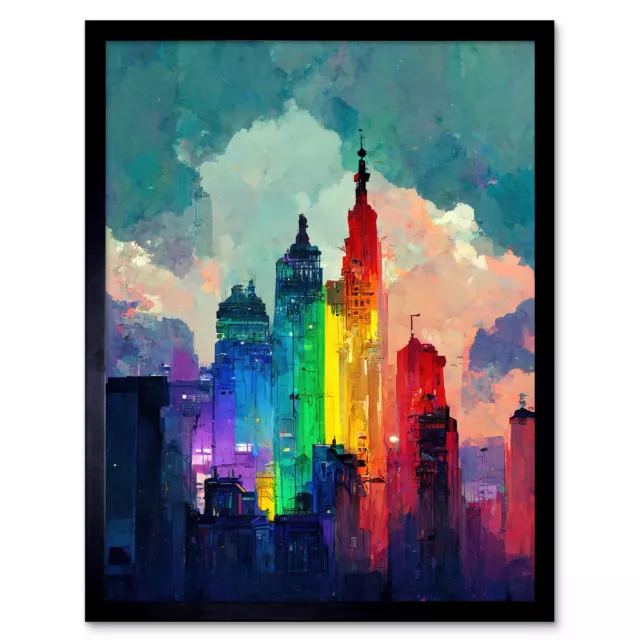 Rainbow Skyscraper Cityscape Painting Framed Wall Art Picture Print 12x16