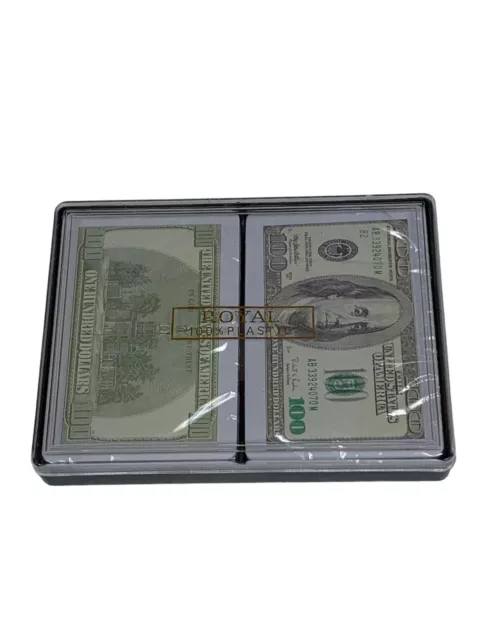 ROYAL Ben Franklin 100 Dollar Bill Playing Cards w/ 2 Decks in Plastic Tray