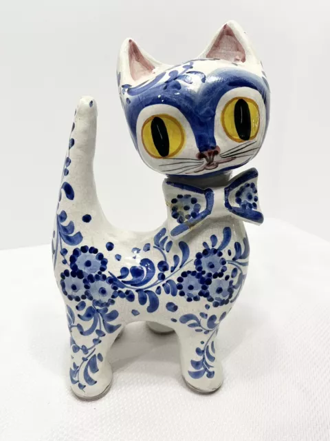 VTG Signed Italian Ceramic Terra Cota Blue & White Glazed Cat with Bowtie 11.75"