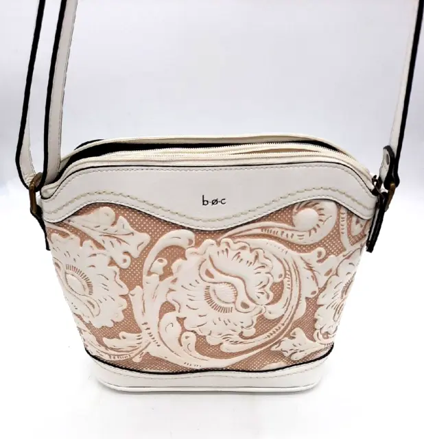 Born Concept BOC Faux Embossed Tooled Leather Ivory/Tan Crossbody Bag Purse