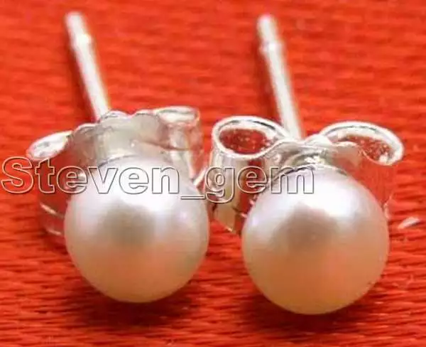 5-6mm Flat Round Natural FW White Pearl Earrings for Women Silve Stud Earring 3