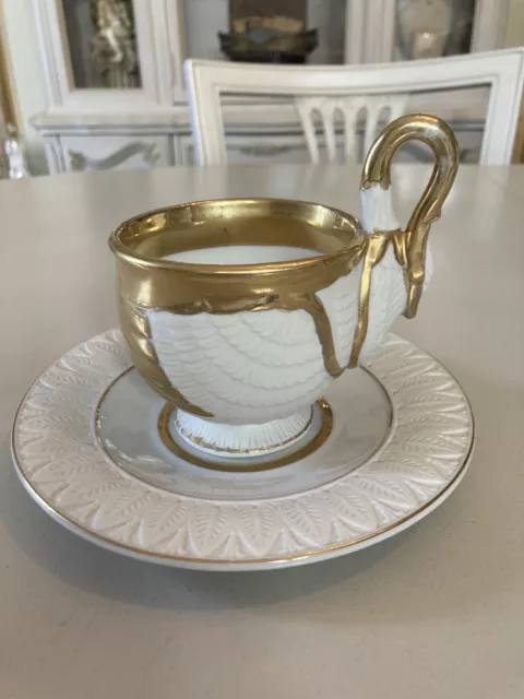RPM Royal Porzellan Manufaktur Gilded Porcelain Swan Teacup & Saucer