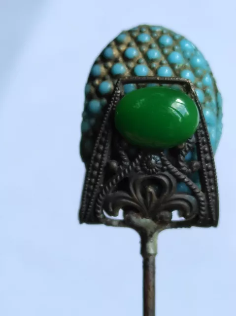 Très JOLIE EPINGLE A CHAPEAU ancienne - Turquoise et Jade 22 cm - Début 1900 2
