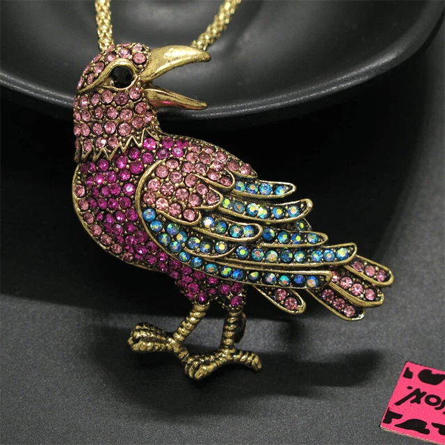 New Betsey Johnson Rose Red Rhinestone Cute Bird Crystal Pendant Chain Necklace
