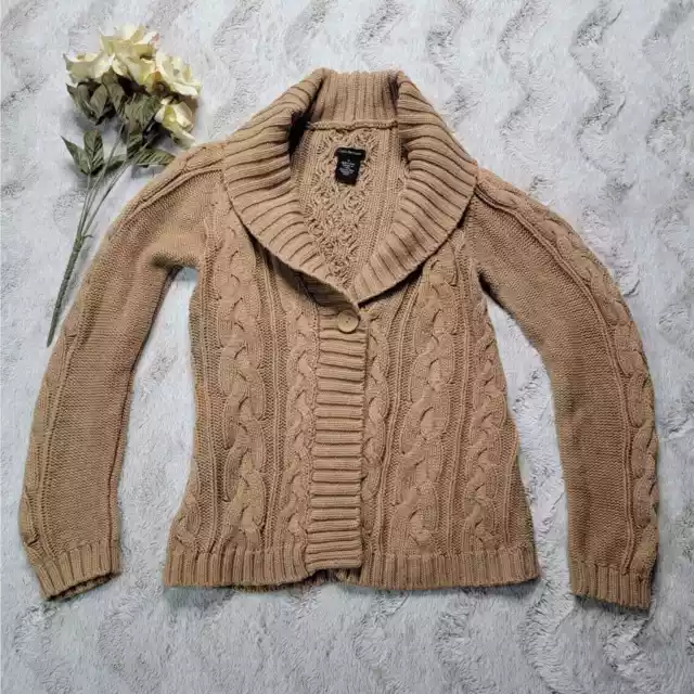 Calvin Klein Tan Mocha Cable Crochet Knit Shawl Collar Cardigan Sweater Size M