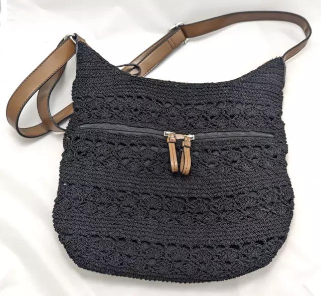 Vintage Boho Hobo Crochet Woven Black Handbag Bag Purse - Brown Adjustable Strap