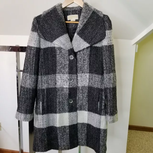 Michael Kors Women's Wool Blend Plaid Tweed Coat Peacoat Size 10 Black White