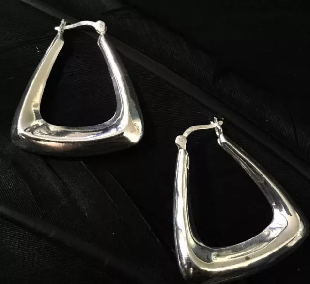 Pretty Estate Sterling Silver Triangle Shape Puffy Hoop Earrings 1 3/8" X 1 1/4"