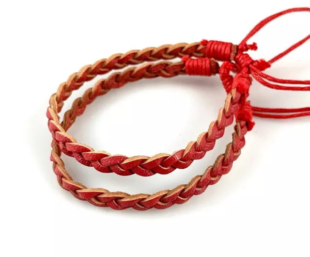 2 x Red Leather and Waxed Cotton Bracelet Wristband Anklet Mens Bracelet Womens