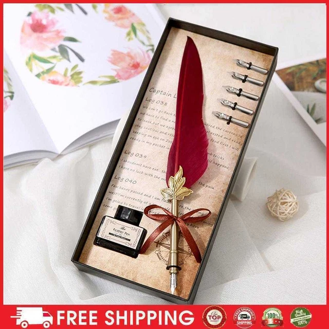Vintage Feather Dip Pen Copper Penholder with 5 Nibs for Christmas Birthday Gift