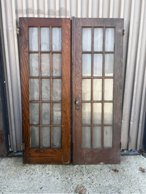 vintage c1900-20 pair oak french doors old varnish 84.5/28/1.5” early glass - A