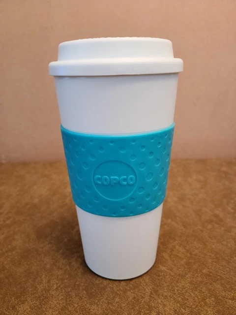 Copco BPA Free Reusable Travel Coffee Mug w/Lid - 16 ounce - White & Turquoise